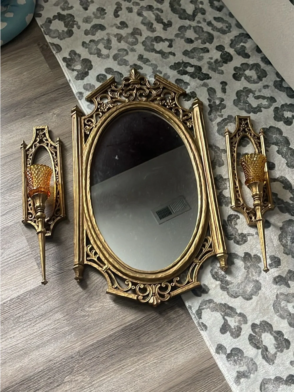 Home Interiors Gold Ornate Oval Mirror with Matching Gold Sconces